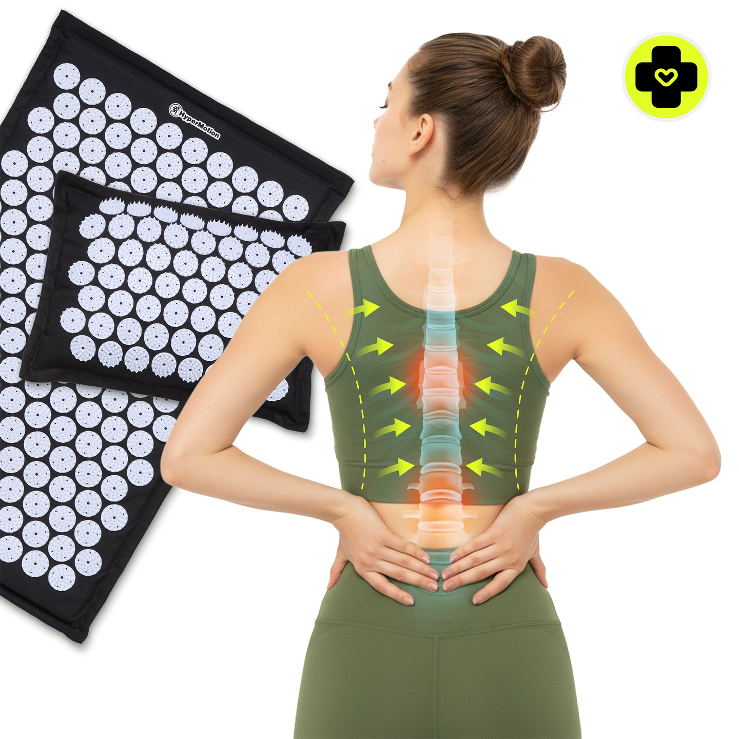 Tapete de acupressão em linho ecológico com fibra de coco e almofada de trigo sarraceno – 68 cm HyperMotion Preto e Branco