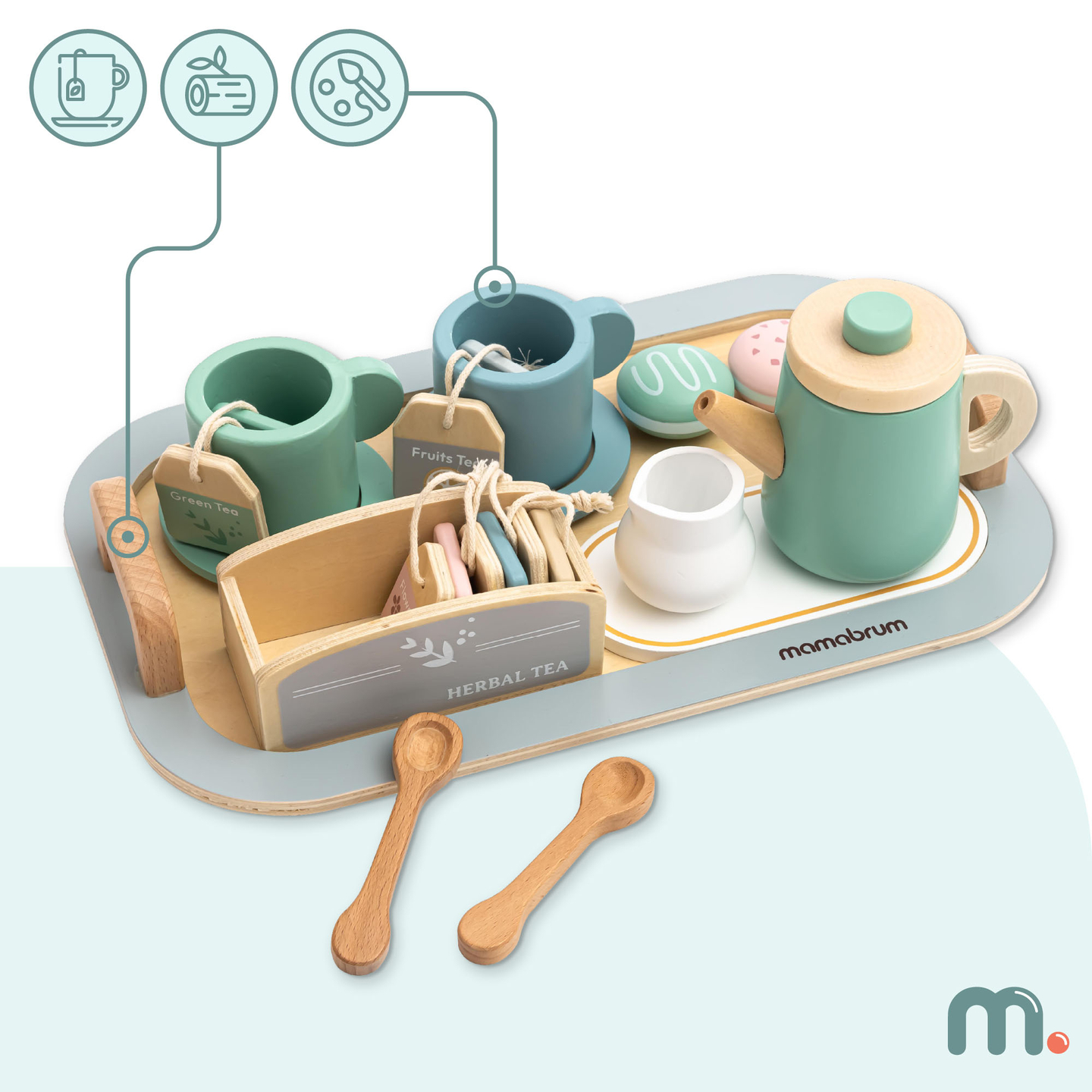 Conjunto de chá grande em madeira com tabuleiro - 18 artigos