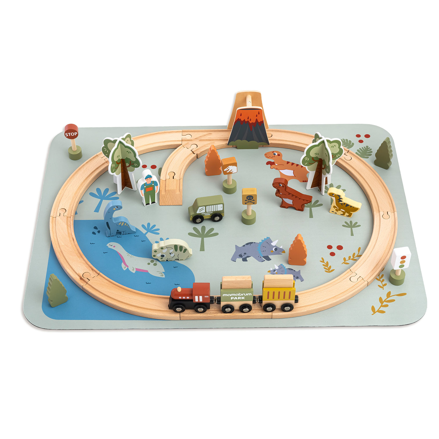 Trem de madeira Dino Park com tapete antiderrapante - dinossauros, trem, trilhos, vulcão, sino