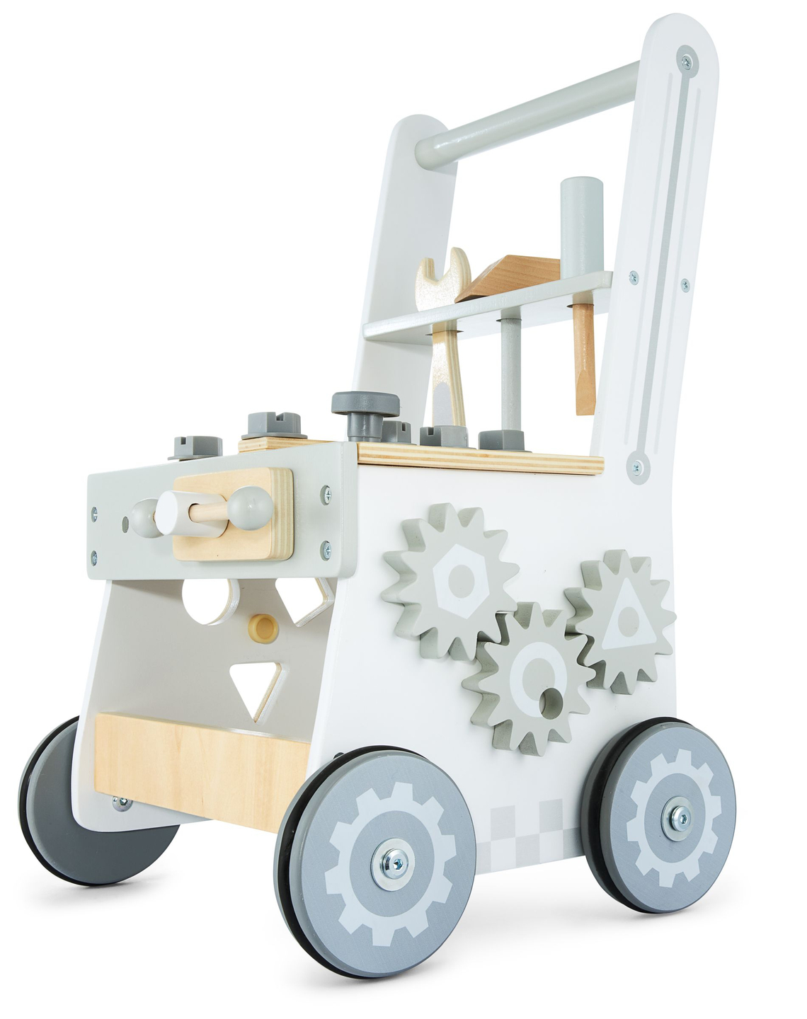 Andador de madeira 3 em 1, empurrador + oficina - 47 elementos