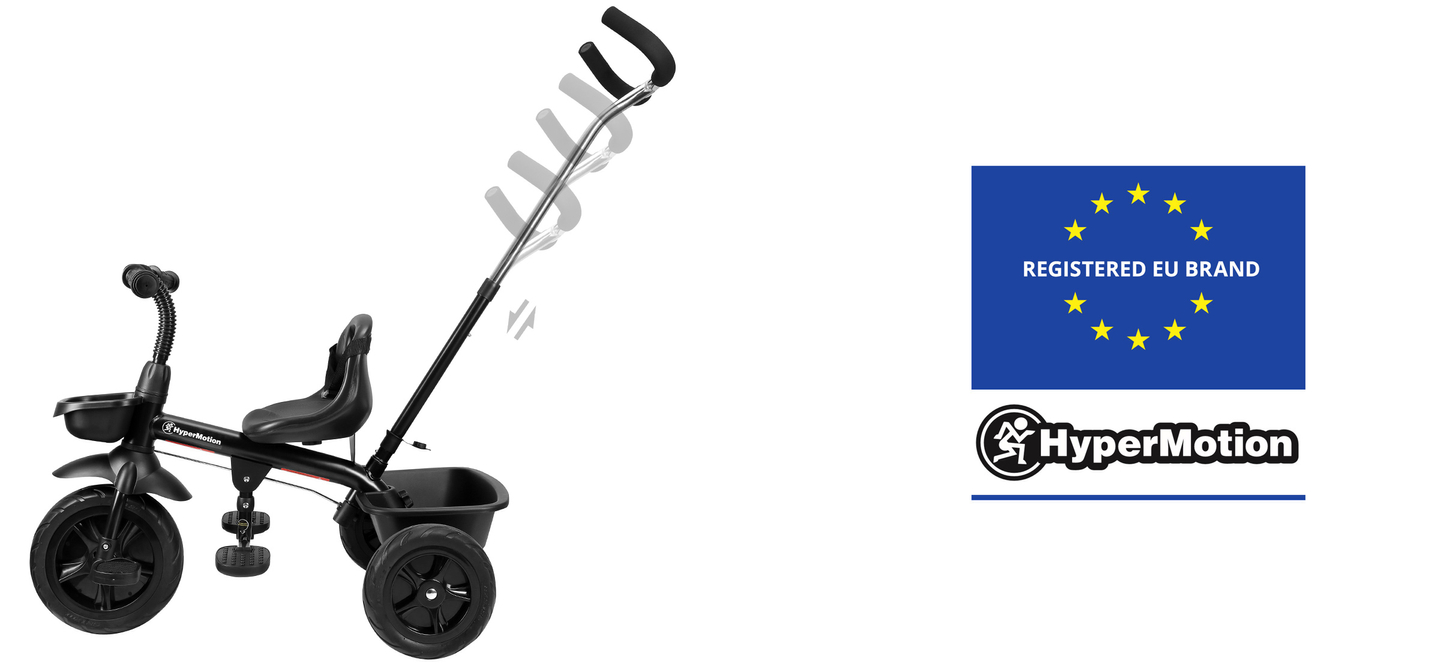Triciclo HyperMotion TOBI VECTOR - rodas permanentemente infladas + empurrador. Cor preta.