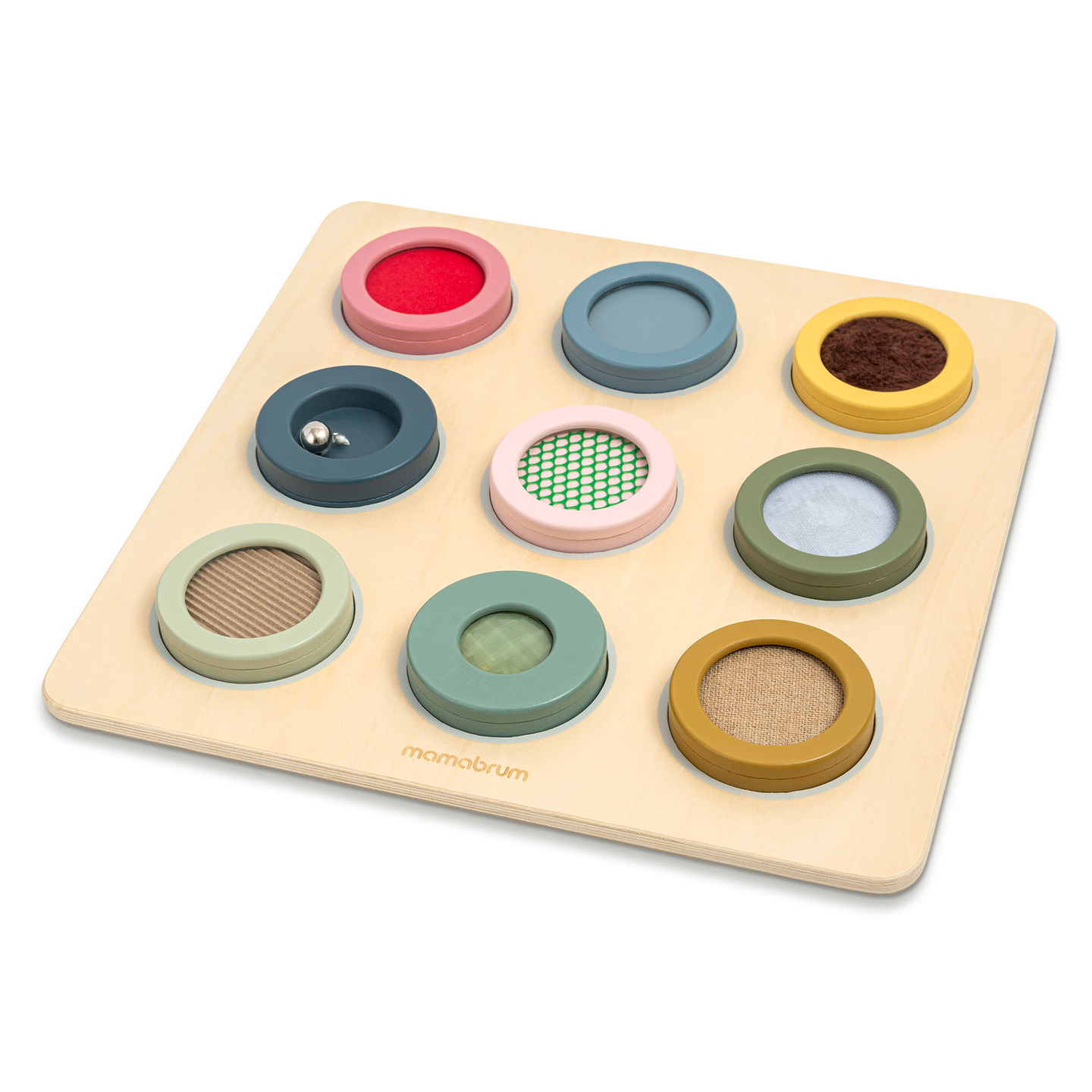 Painel sensorial Montessori de madeira – 9 texturas para descobrir e desenvolver o sentido do tato.