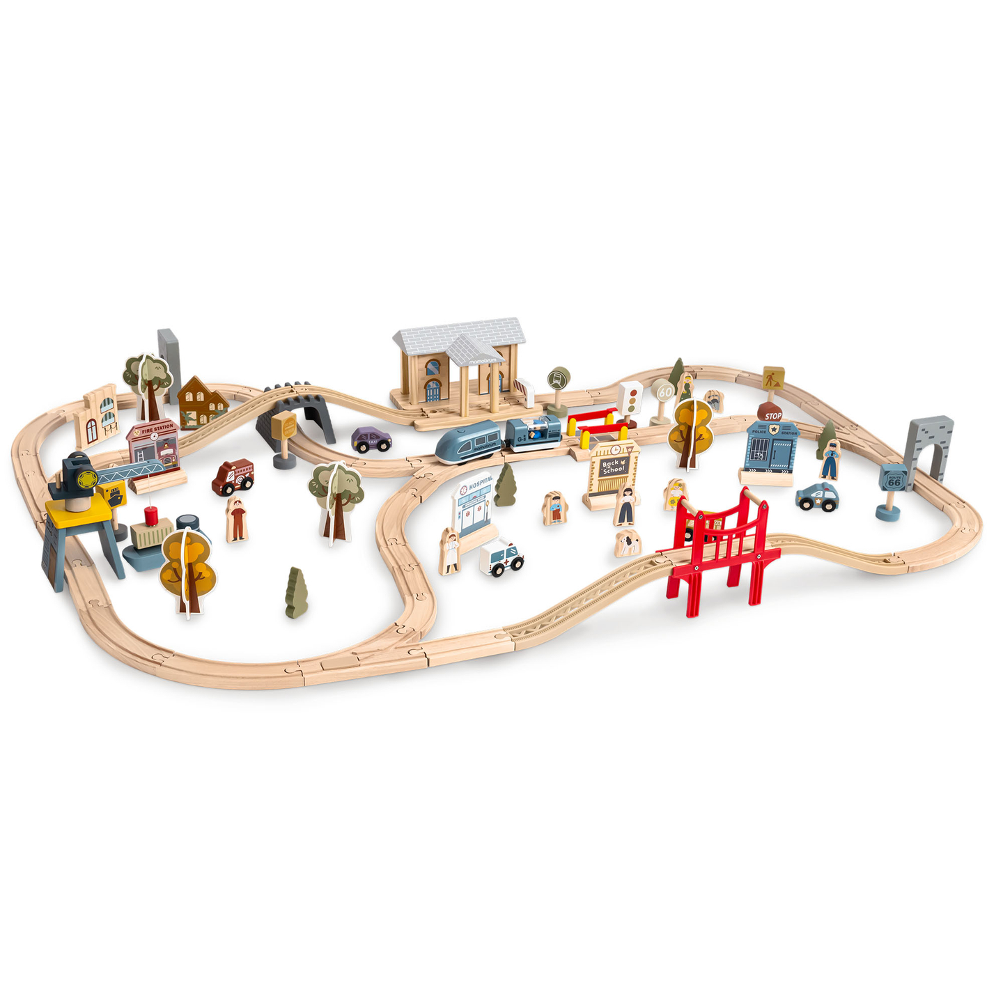 Ferrovia urbana de madeira com trem elétrico - guindaste móvel, navio, pontes