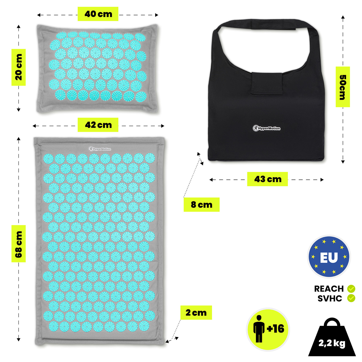 Tapete de acupressão em linho ecológico com fibra de coco e almofada de trigo sarraceno – 68 cm HyperMotion Cinza-Menta