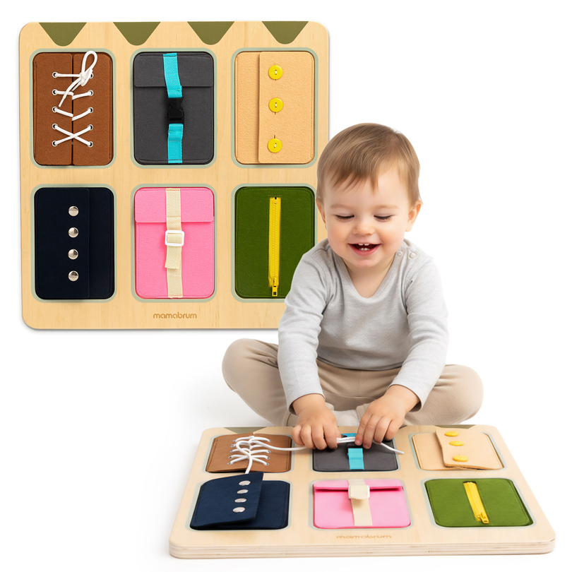 Quadro de atividades Montessori de madeira – Aprendizagem sensorial da independência – cadarços, fivelas, botões, fechos de pressão, zíper