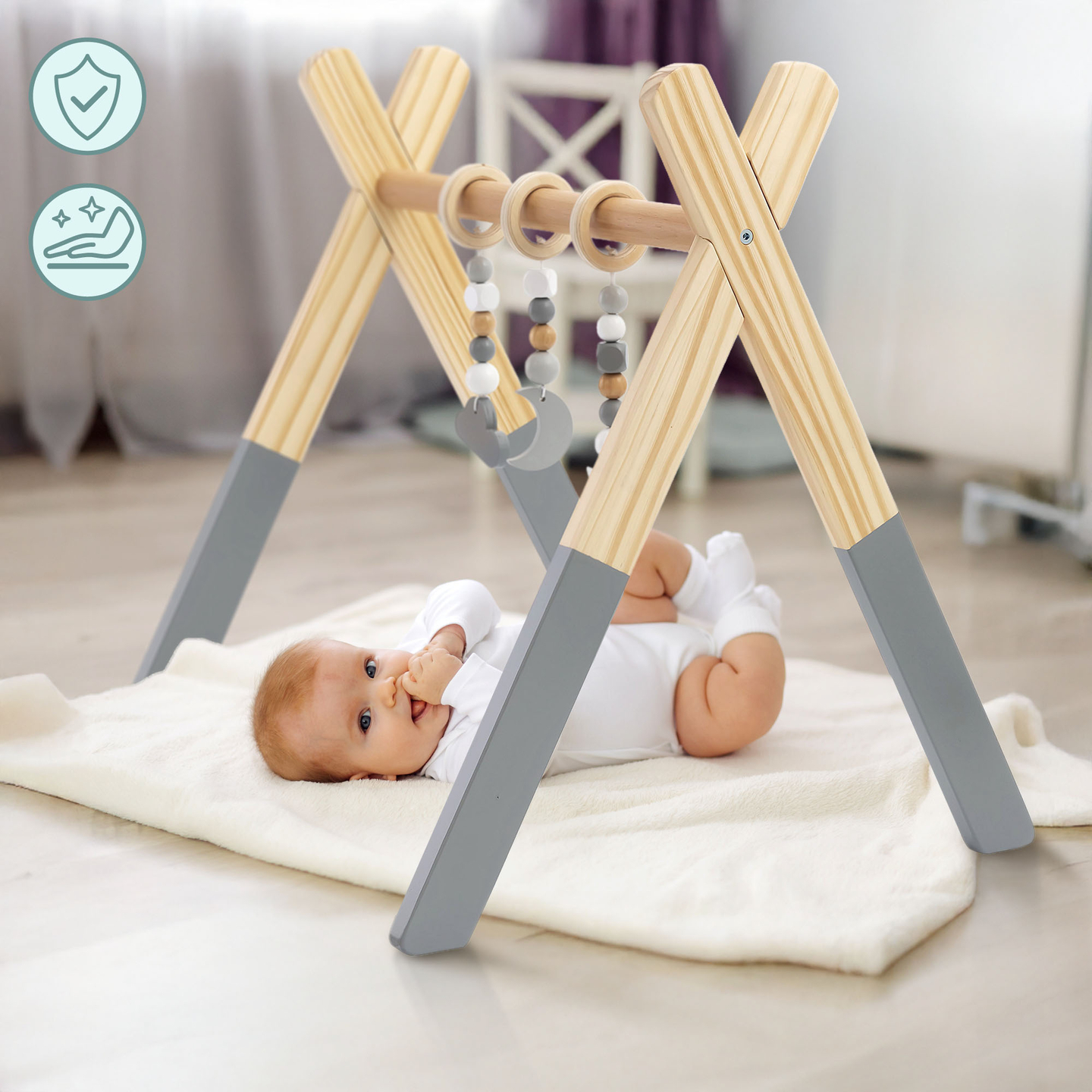 Suporte educativo de madeira Baby Gym - cor cinzenta