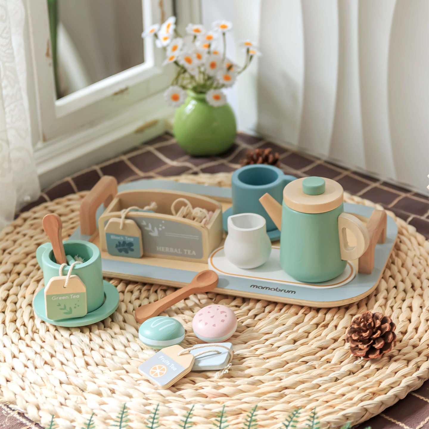 Conjunto de chá grande em madeira com tabuleiro - 18 artigos