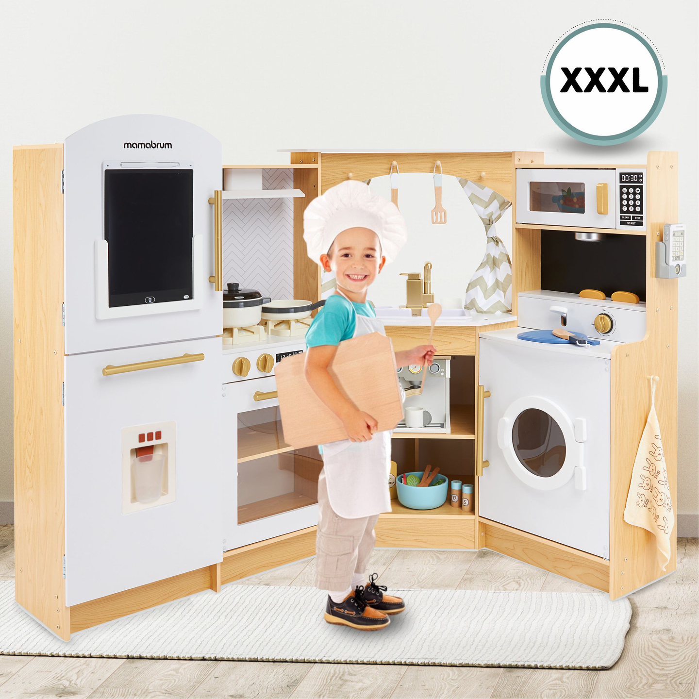 XXXXL grande cozinha interactiva de madeira com iluminação LED, máquina de lavar roupa, micro-ondas, máquina de café e conjunto de frutas e legumes - 50 elementos