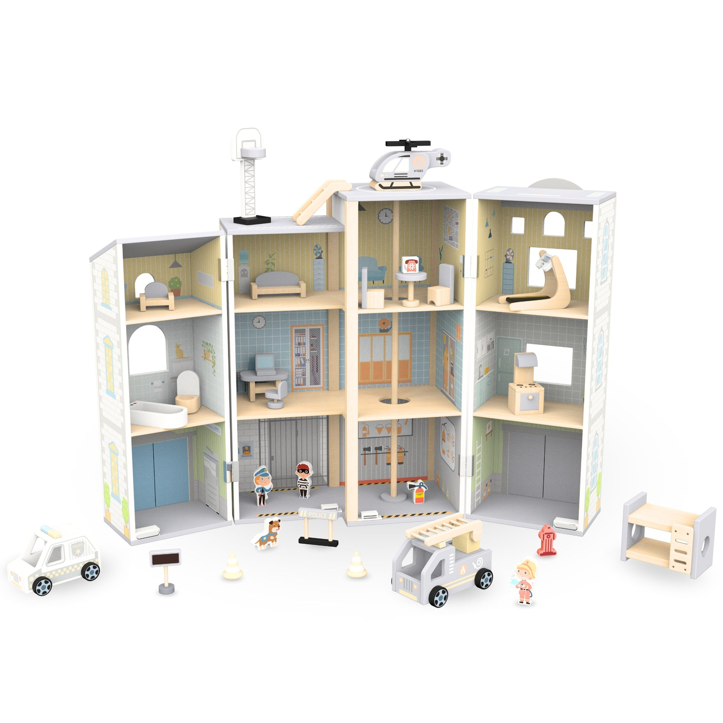 Grande corpo de bombeiros dobrável com delegacia - conjunto de madeira. Corpo de bombeiros e delegacia com acessórios.