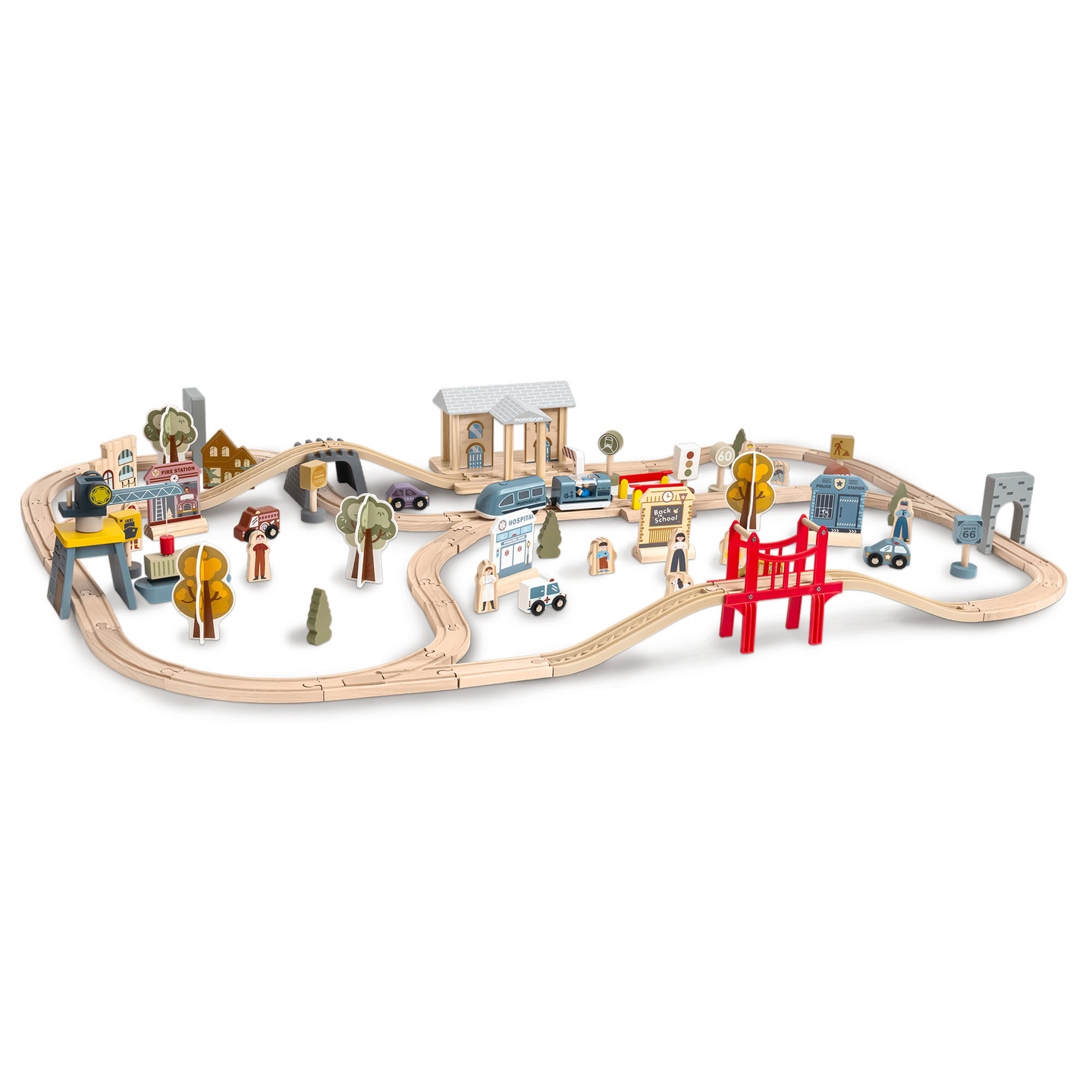 Ferrovia urbana de madeira com trem elétrico - guindaste móvel, navio, pontes