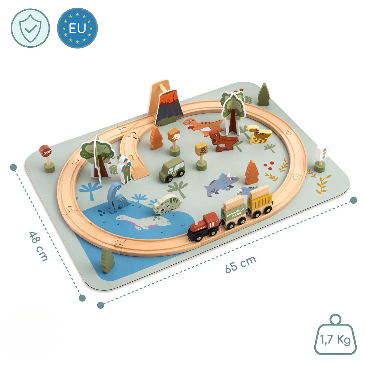 Trem de madeira Dino Park com tapete antiderrapante - dinossauros, trem, trilhos, vulcão, sino