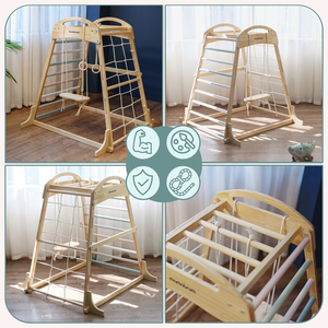 Parque infantil coberto de madeira com balanço, argolas de ginástica e rede de escalada