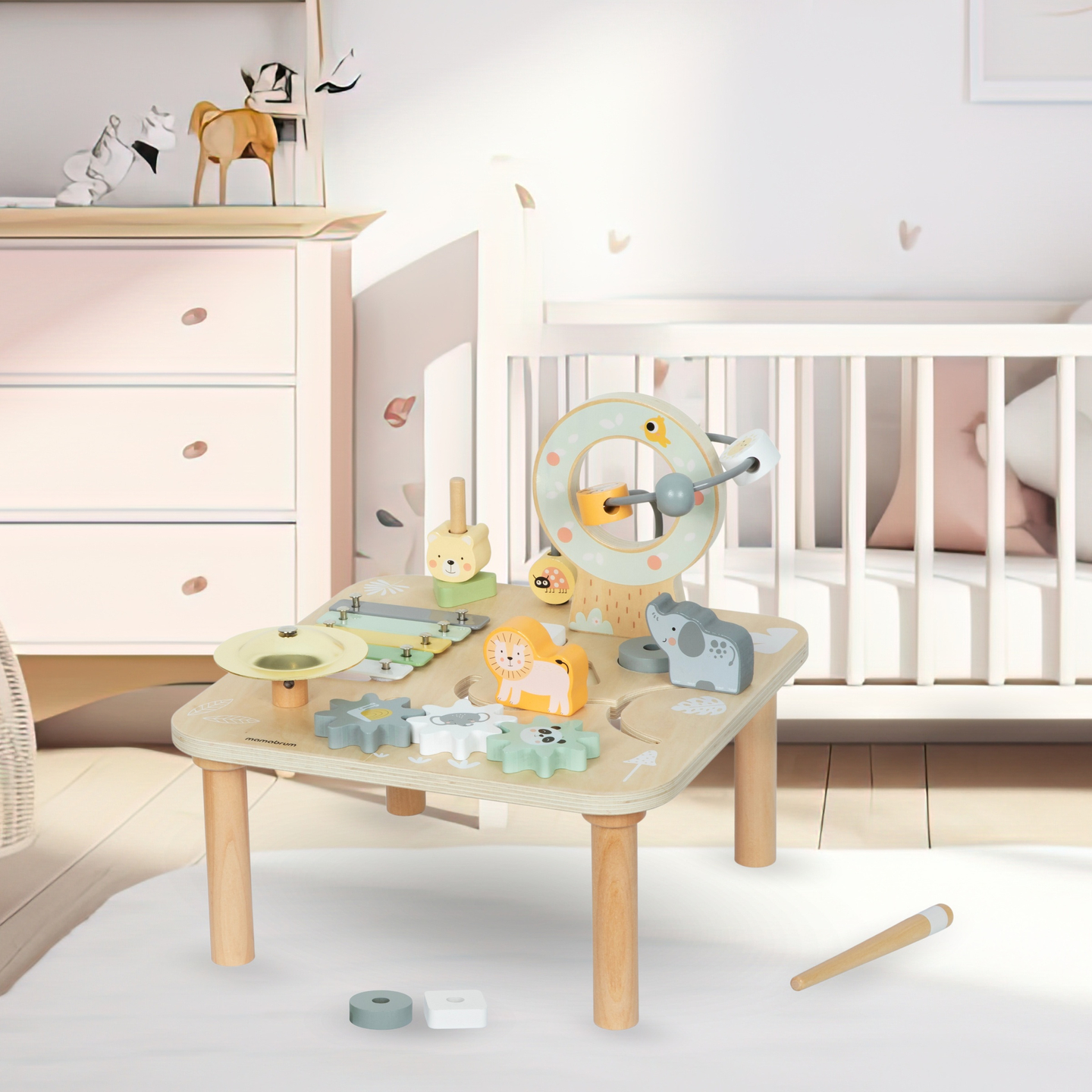 Mesa musical educacional 7 em 1 de madeira com pratos e gongo - selva selvagem