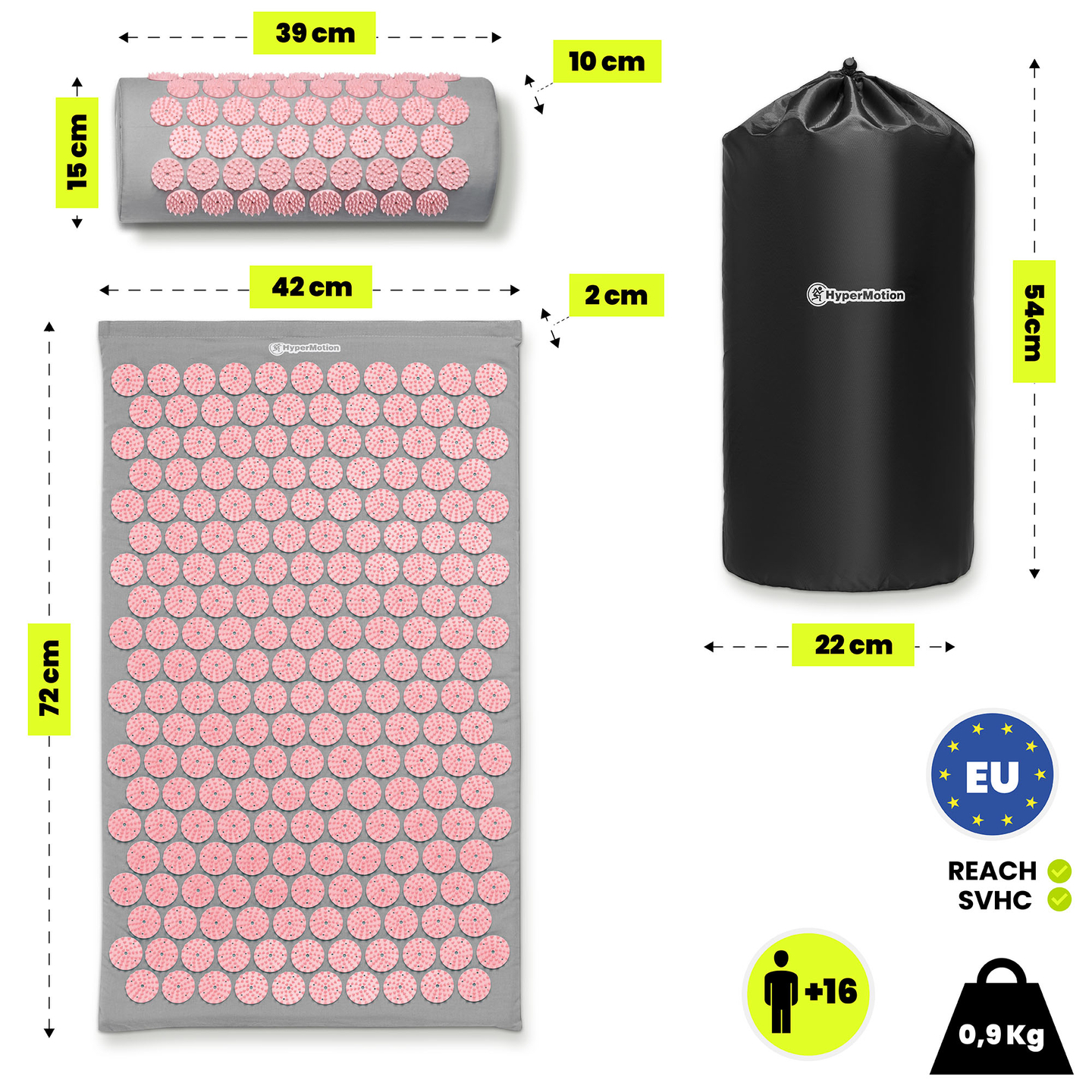 Tapete de acupressão com almofada e capa - 72 cm HyperMotion cinza e rosa