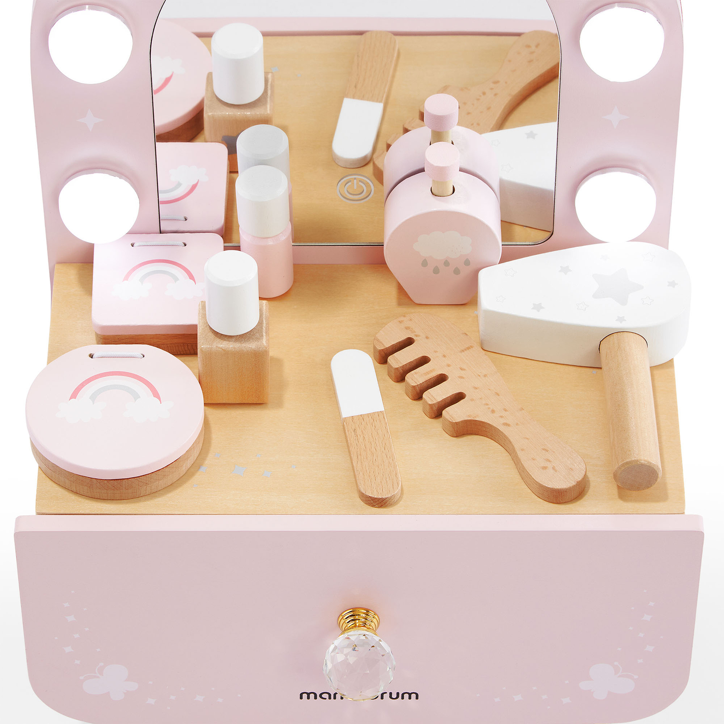 Mini penteadeira infantil de madeira com acessórios e iluminação LED com ajuste suave de brilho.