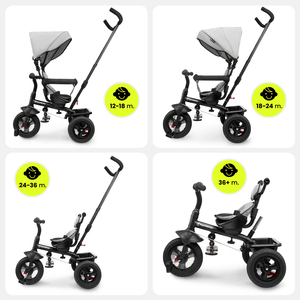 Triciclo para crianças de 1 a 4 anos - TOBI FREY - cor cinza - giratório - rodas infláveis + empurrador