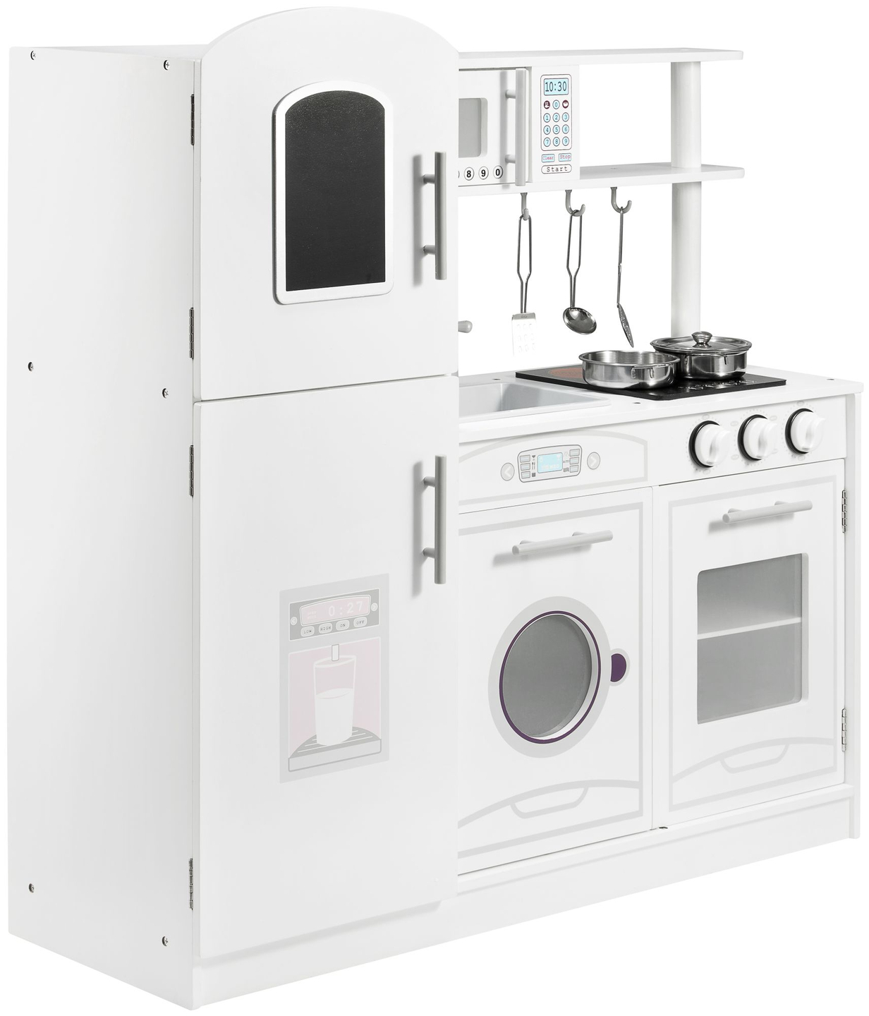 Grandes acessórios de cozinha brancos de madeira e avental