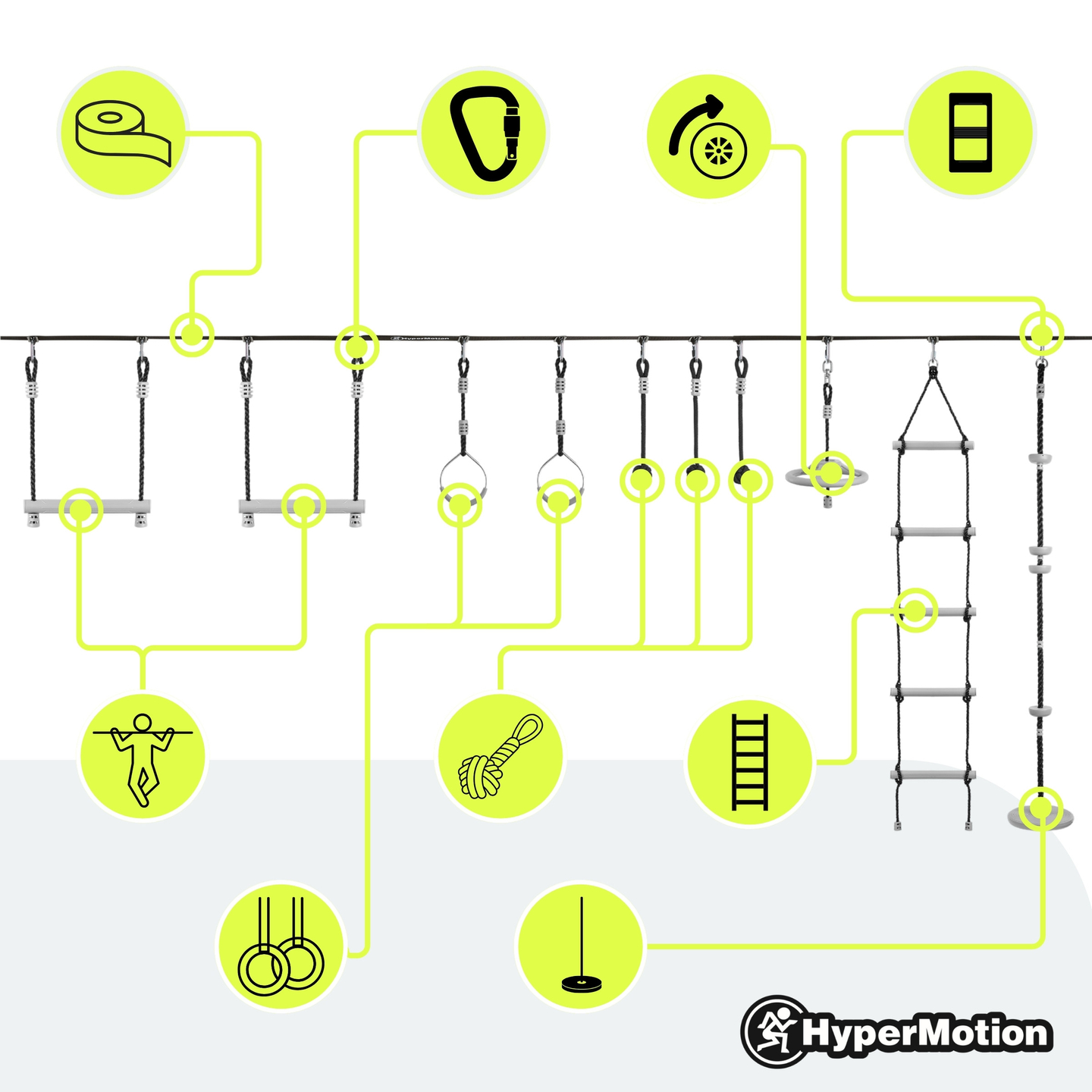 Pista de obstáculos ninja para crianças - Conjunto de slackline HyperMotion - 10 obstáculos