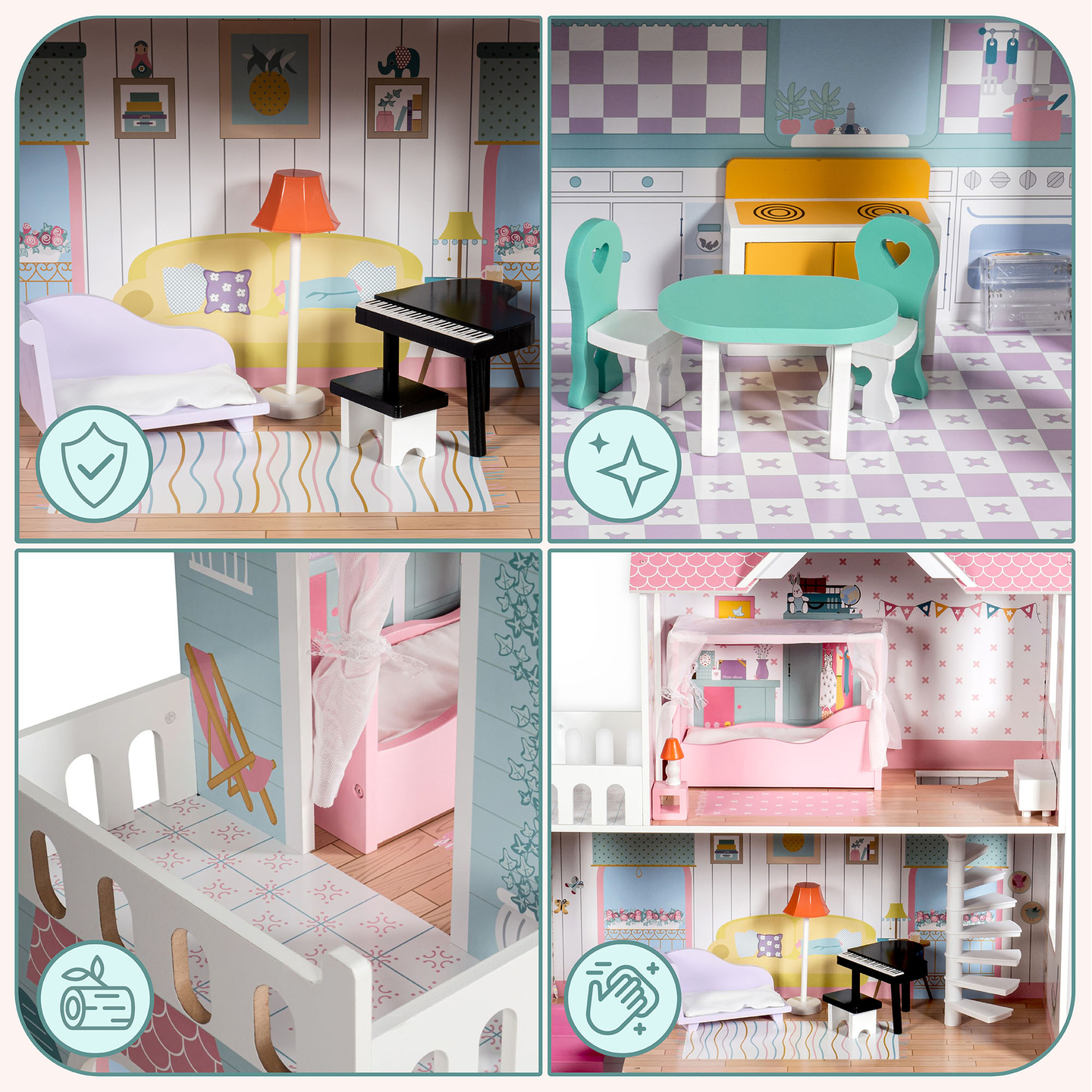 XXL A maior casa de bonecas de madeira - 123 cm - iluminada por LED - terraço, acessórios, jardim