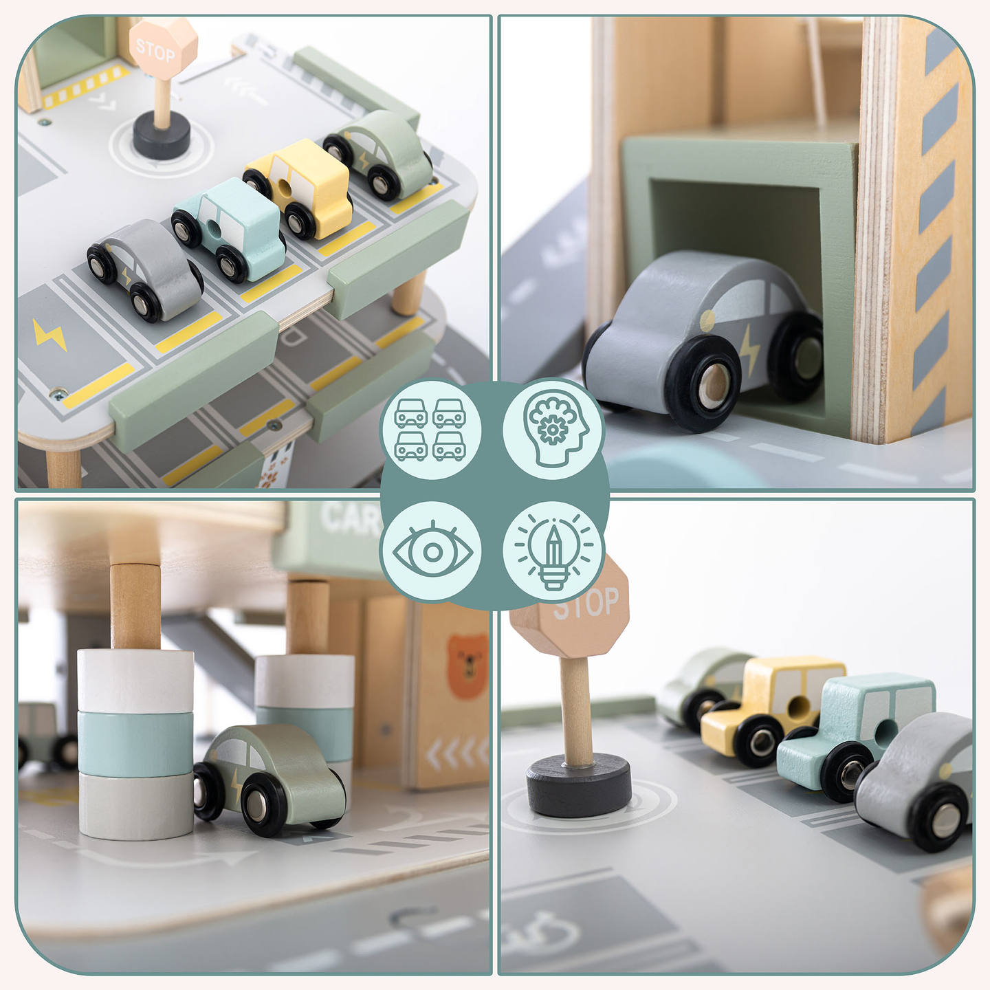 Garagem de madeira de três andares para crianças com acessórios – estacionamento, posto de gasolina, lava-rápido, helicóptero