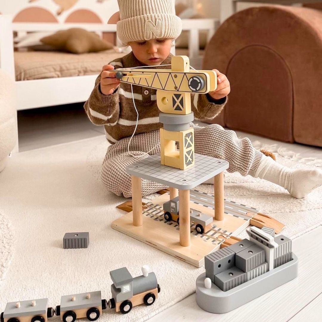 Guindaste portuário móvel com guincho magnético e acessórios - conjunto de madeira