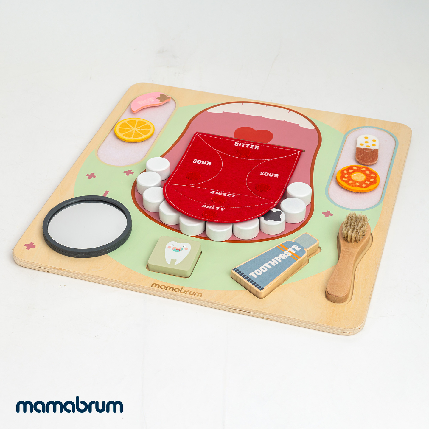 Quadro Educacional Montessori de Madeira Pequeno Dentista - escova de dentes, pasta de dentes, dentes removíveis, espelho, comida, sabores de aprendizagem