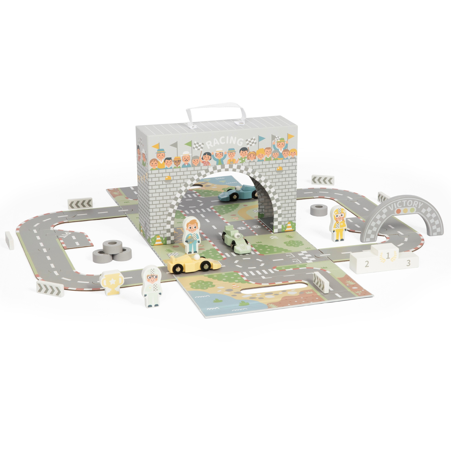 Mala magnética com pista de corrida, veículos de madeira e acessórios rodoviários