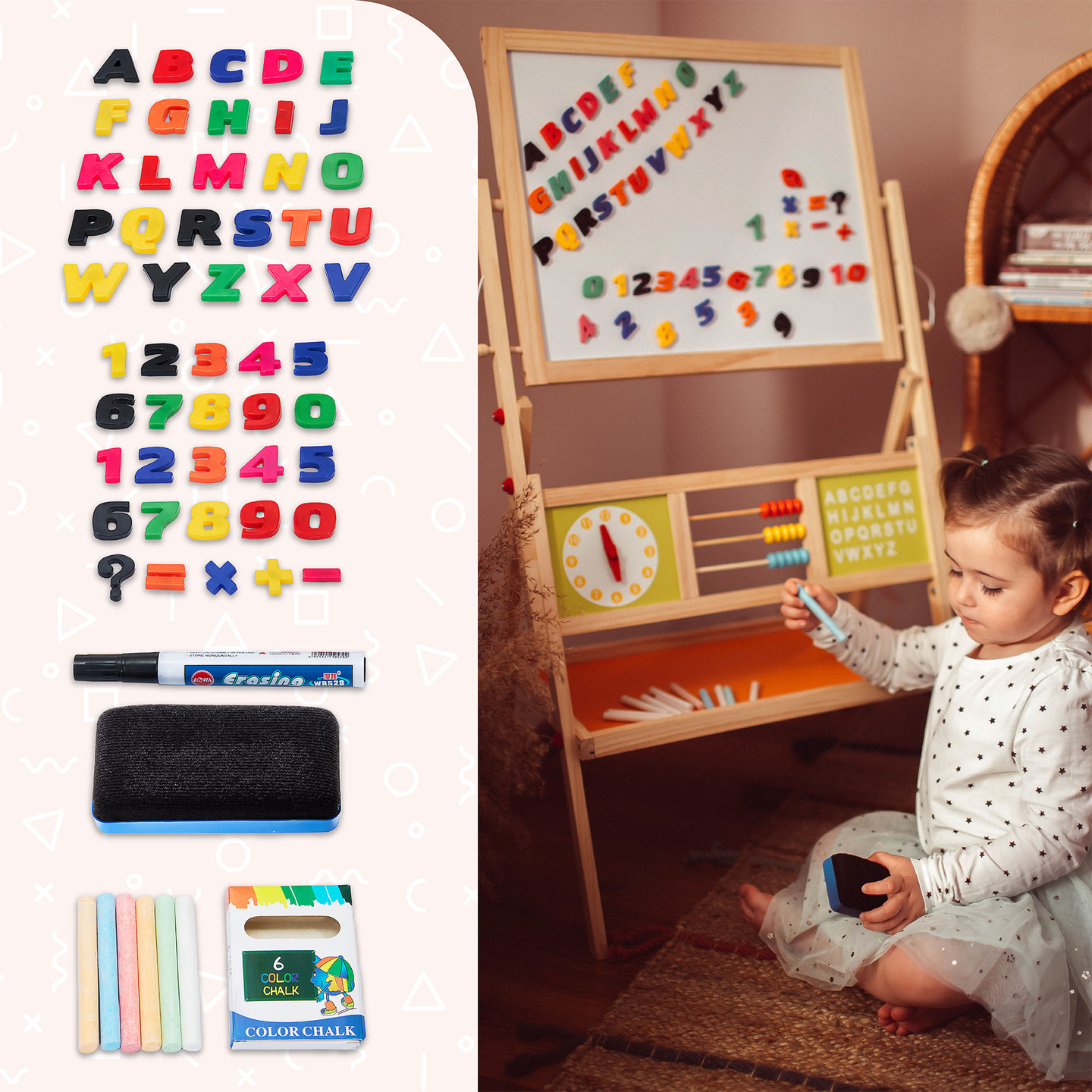 Grande quadro educativo de duas faces: magnético e quadro de giz - quadro de apagar a seco, de madeira