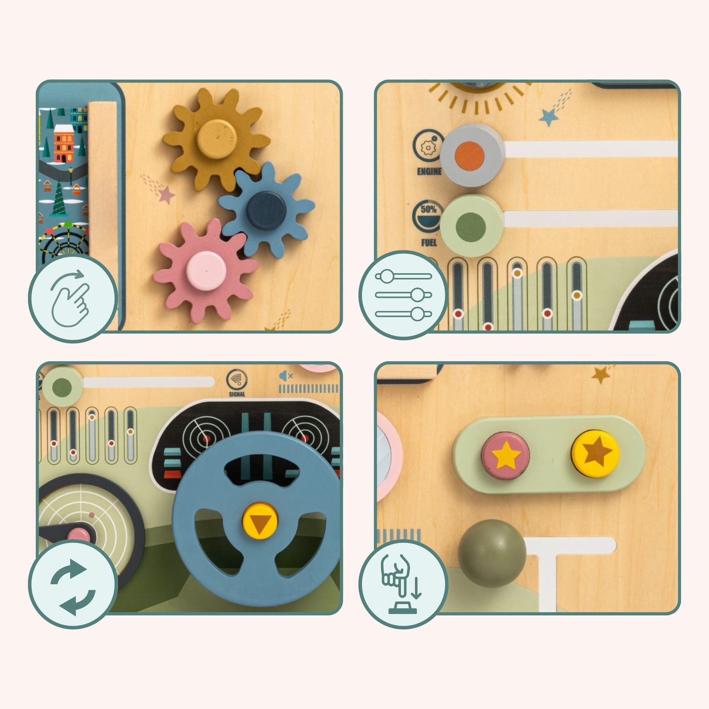 Tábua Montessori de madeira 2 em 1 Cockpit para o Pequeno Motorista e Piloto – volante, câmbio, mapas de viagem, radar