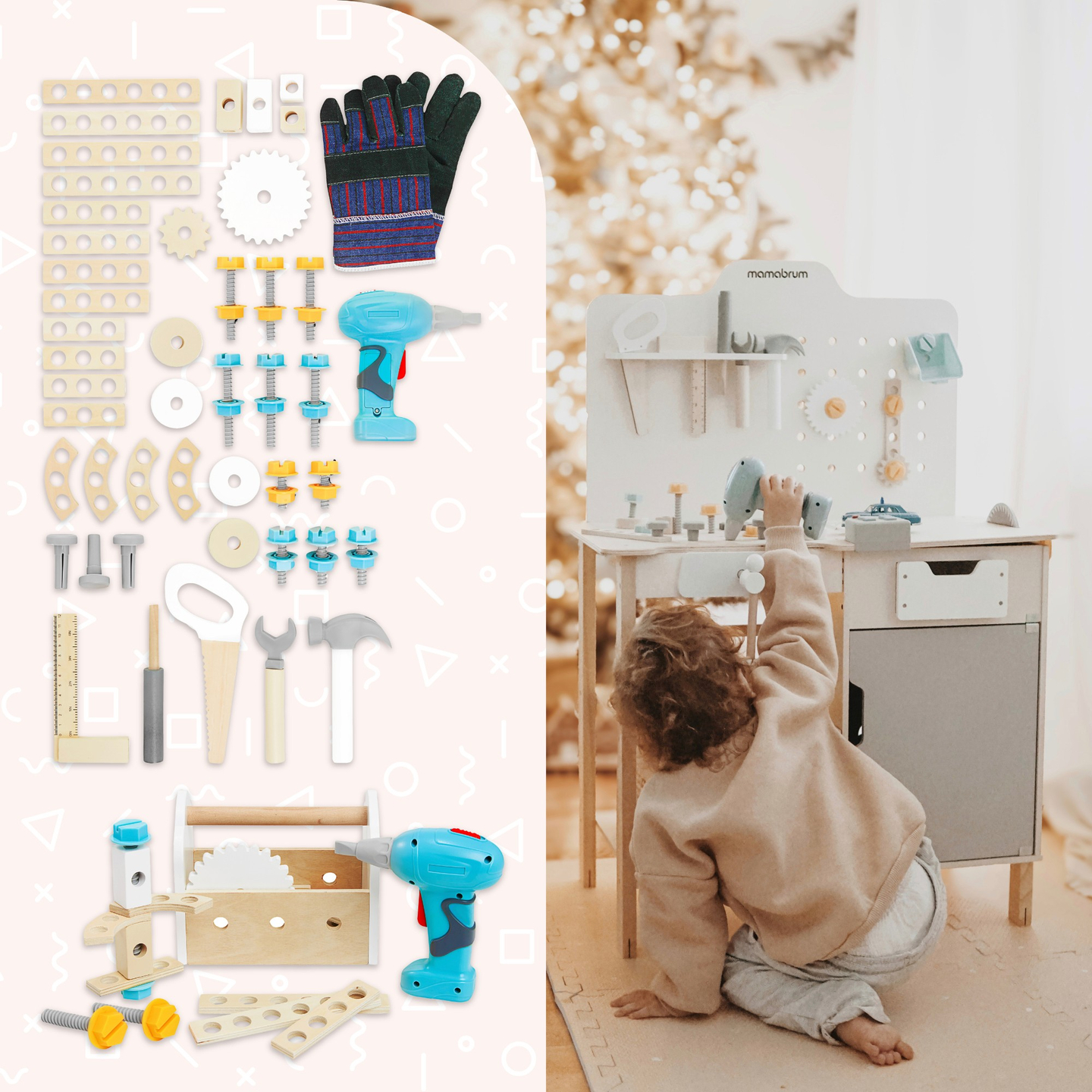 Grande oficina de madeira com ferramentas XXL - conjunto DIY, 74 elementos