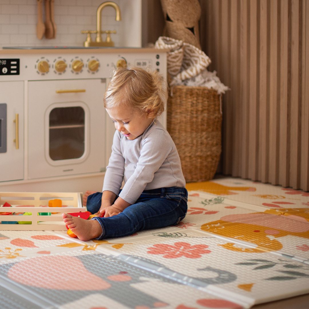 Tapete de espuma dobrável de dupla face 180 x 120 x 1cm - Exotic Elephants/Delicate Grey