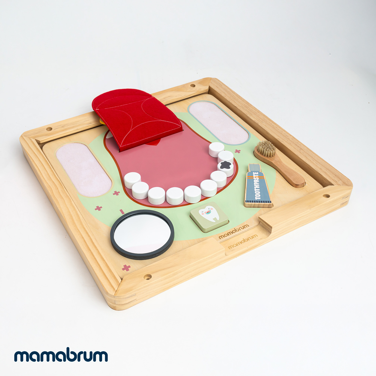 Quadro Educacional Montessori de Madeira Pequeno Dentista - escova de dentes, pasta de dentes, dentes removíveis, espelho, comida, sabores de aprendizagem