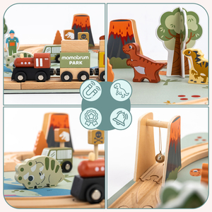 Trem de madeira Dino Park com tapete antiderrapante - dinossauros, trem, trilhos, vulcão, sino