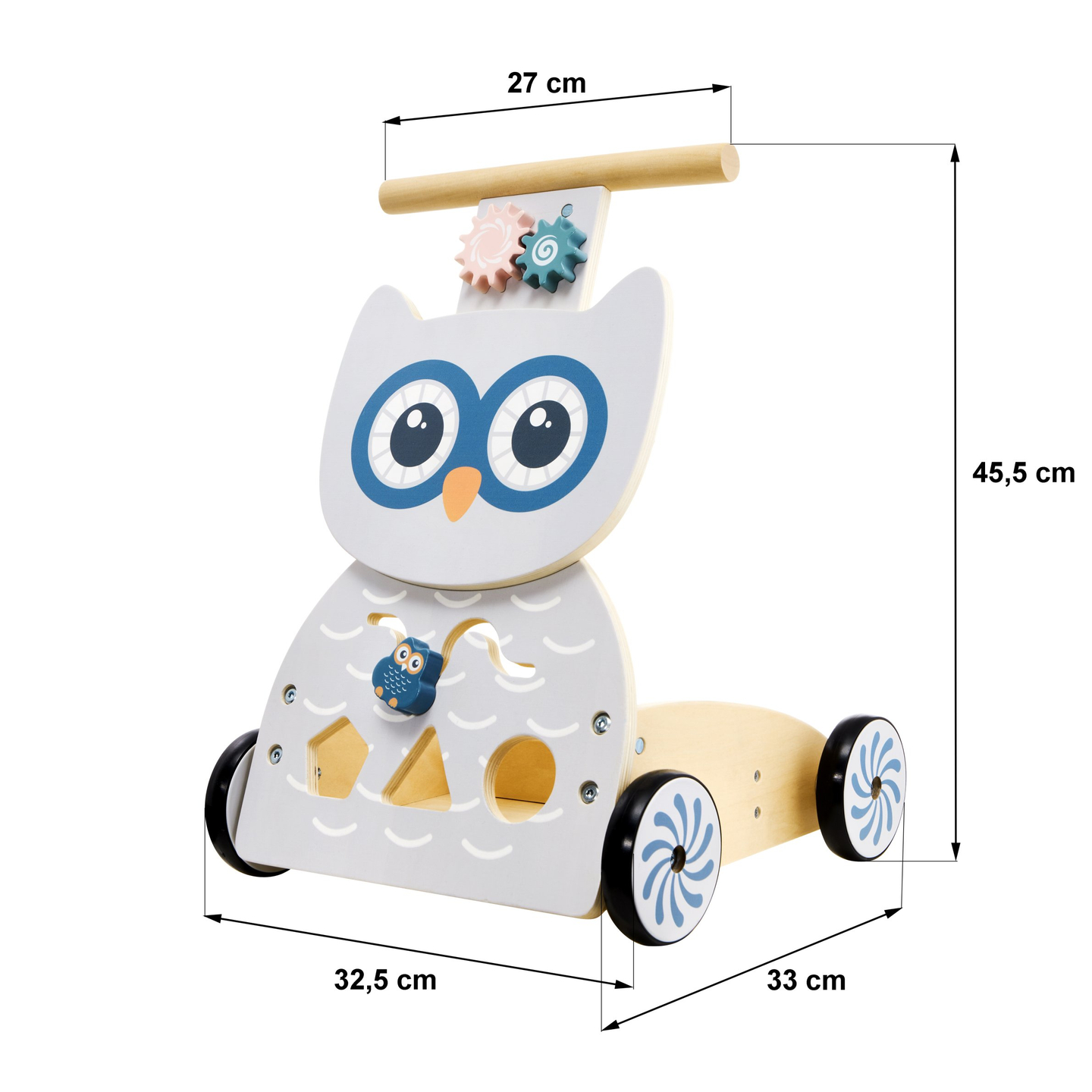 Andador multifuncional de madeira - empurrador - carrinho com blocos - Coruja