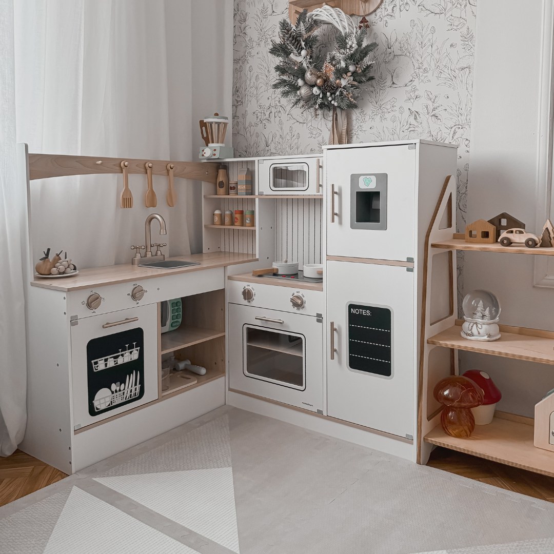 Cozinha de canto interactiva em madeira XXXL com frigorífico, micro-ondas, forno, máquina de lavar louça e acessórios - branco