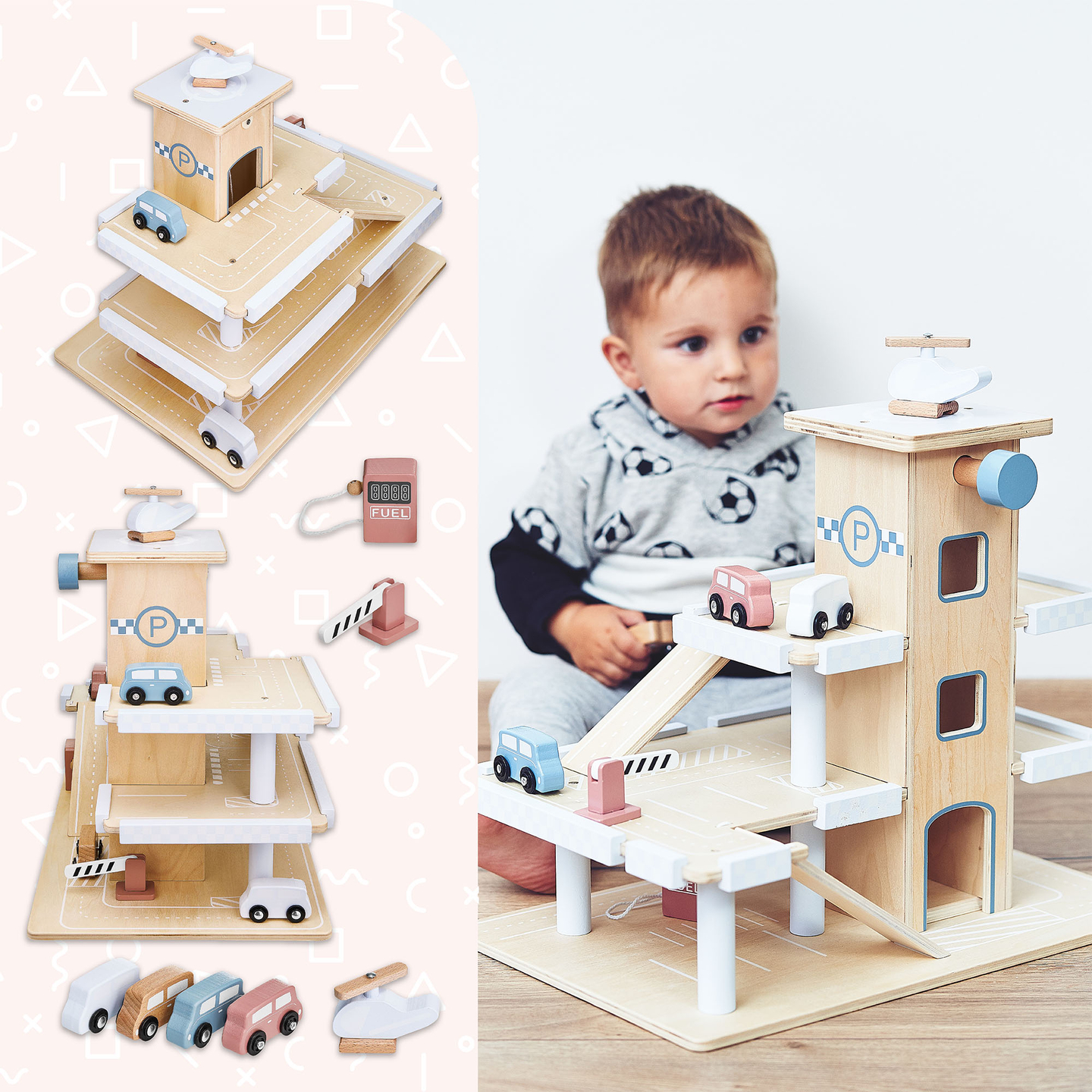 Estacionamento de três níveis em madeira com elevador - garagem para carros e helicóptero