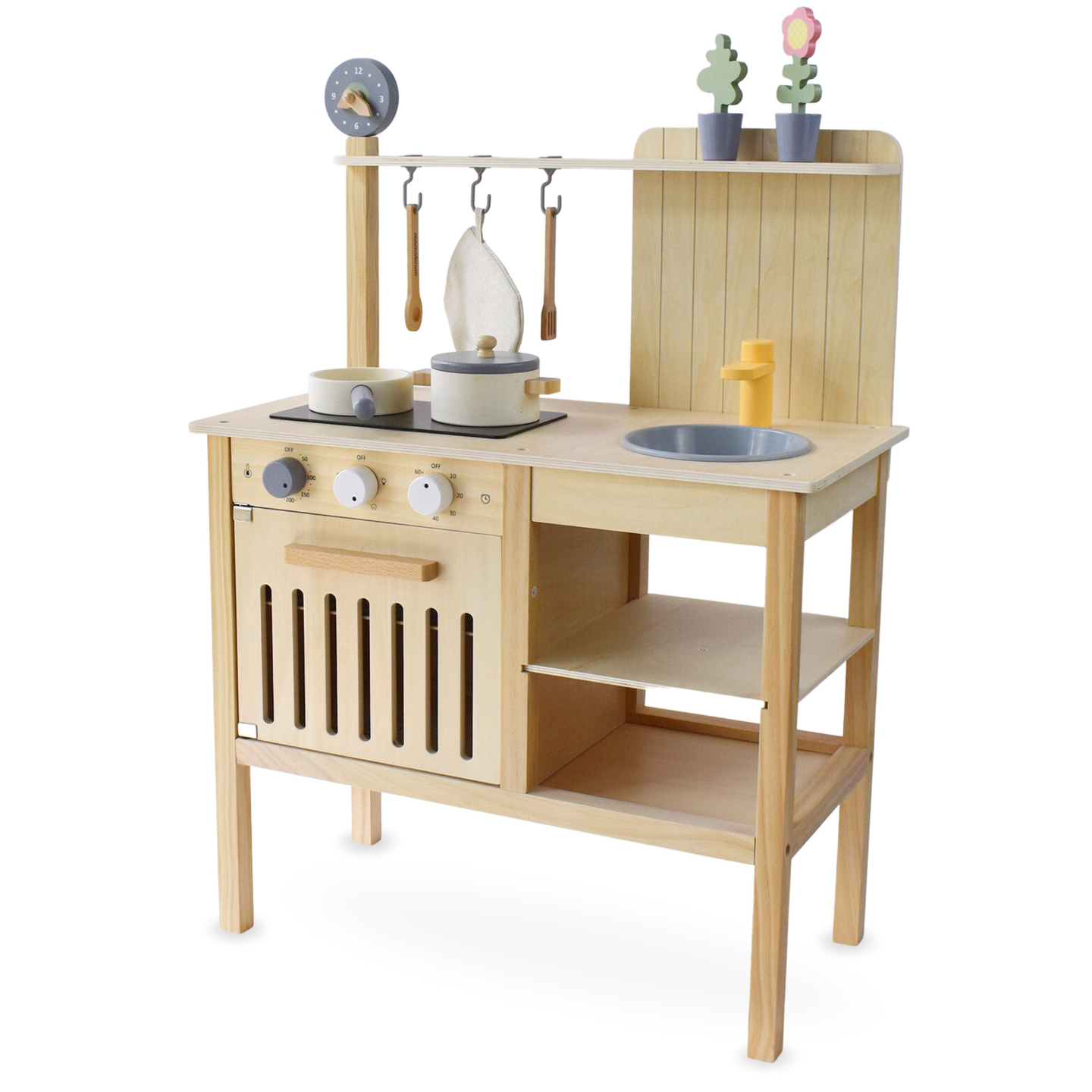 Cozinha de jardim em madeira com acessórios - boho natural