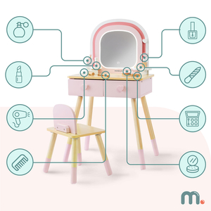 Penteadeira infantil de madeira com iluminação LED de ajuste suave de brilho, cadeira e acessórios.