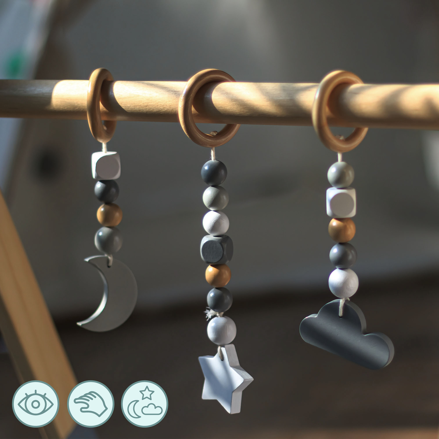 Suporte educativo de madeira Baby Gym - cor cinzenta