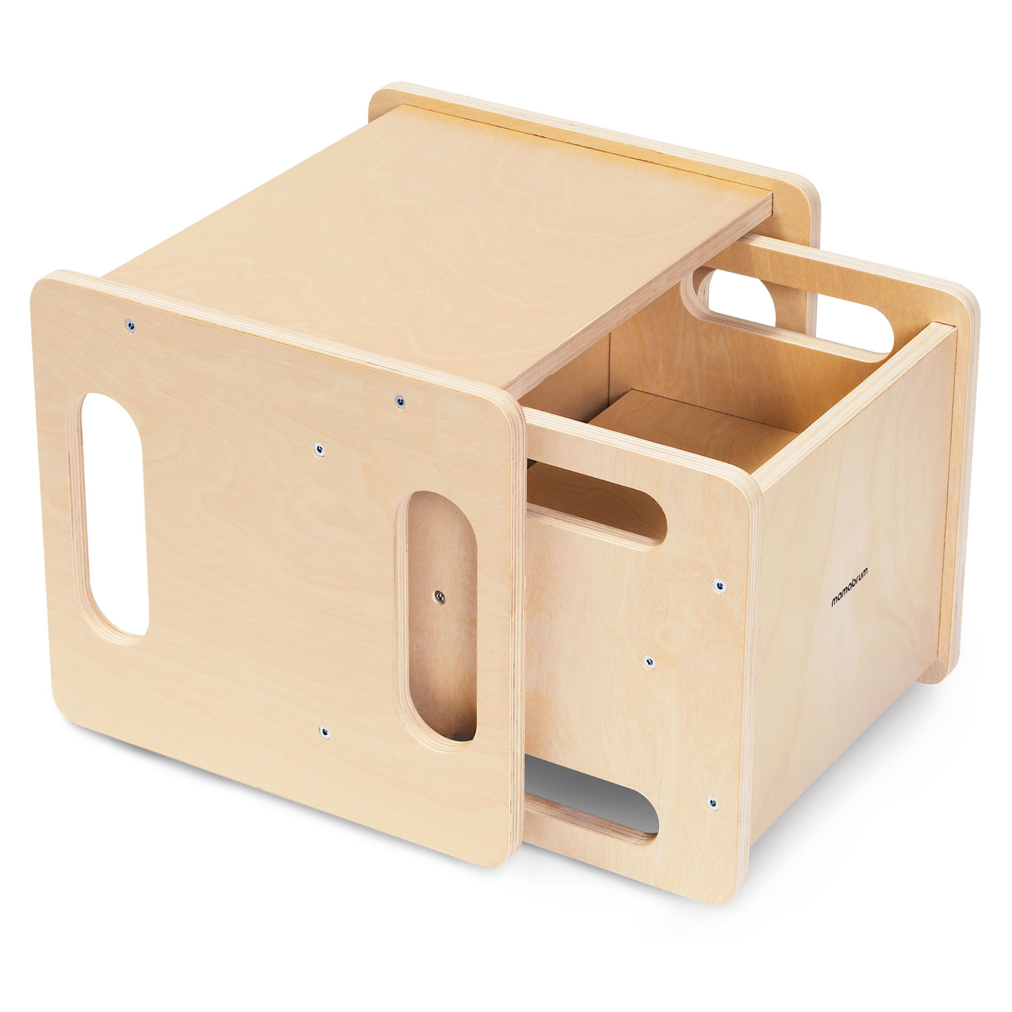 Mesa e cadeira de madeira com função de trampolim – um conjunto Montessori multifuncional para crianças