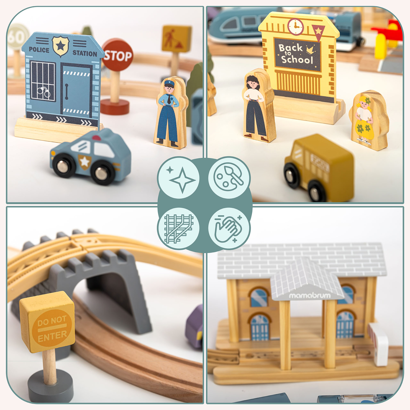 Ferrovia urbana de madeira com trem elétrico - guindaste móvel, navio, pontes