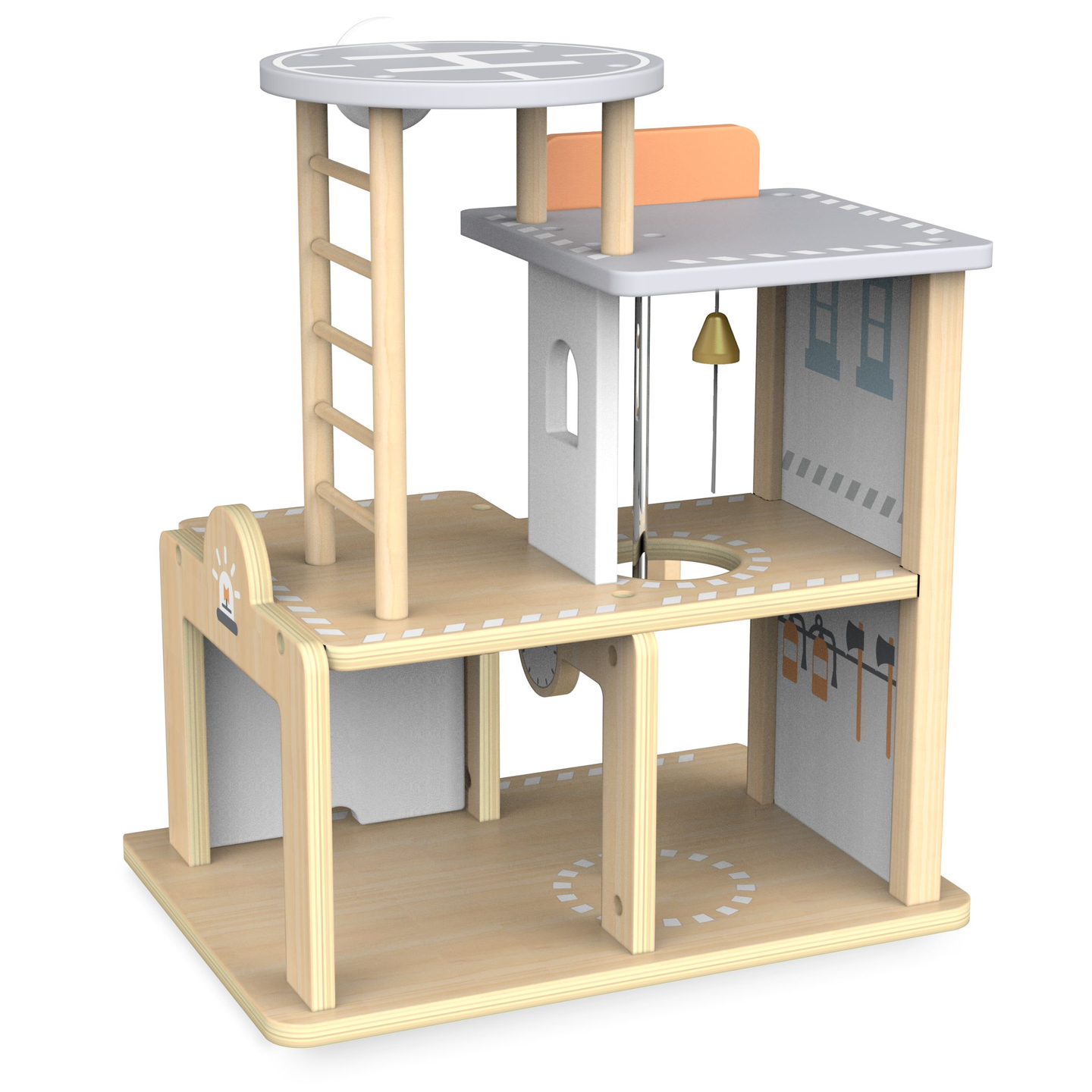 Quartel de bombeiros de madeira com acessórios, quartel de bombeiros