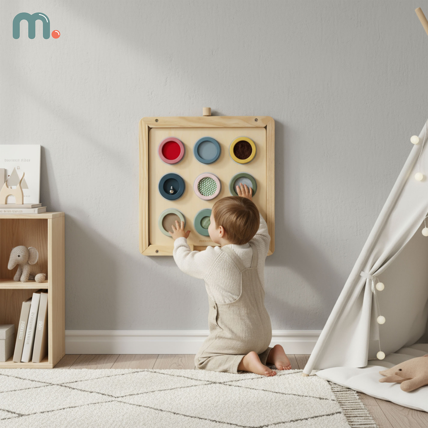 Painel sensorial Montessori de madeira – 9 texturas para descobrir e desenvolver o sentido do tato.