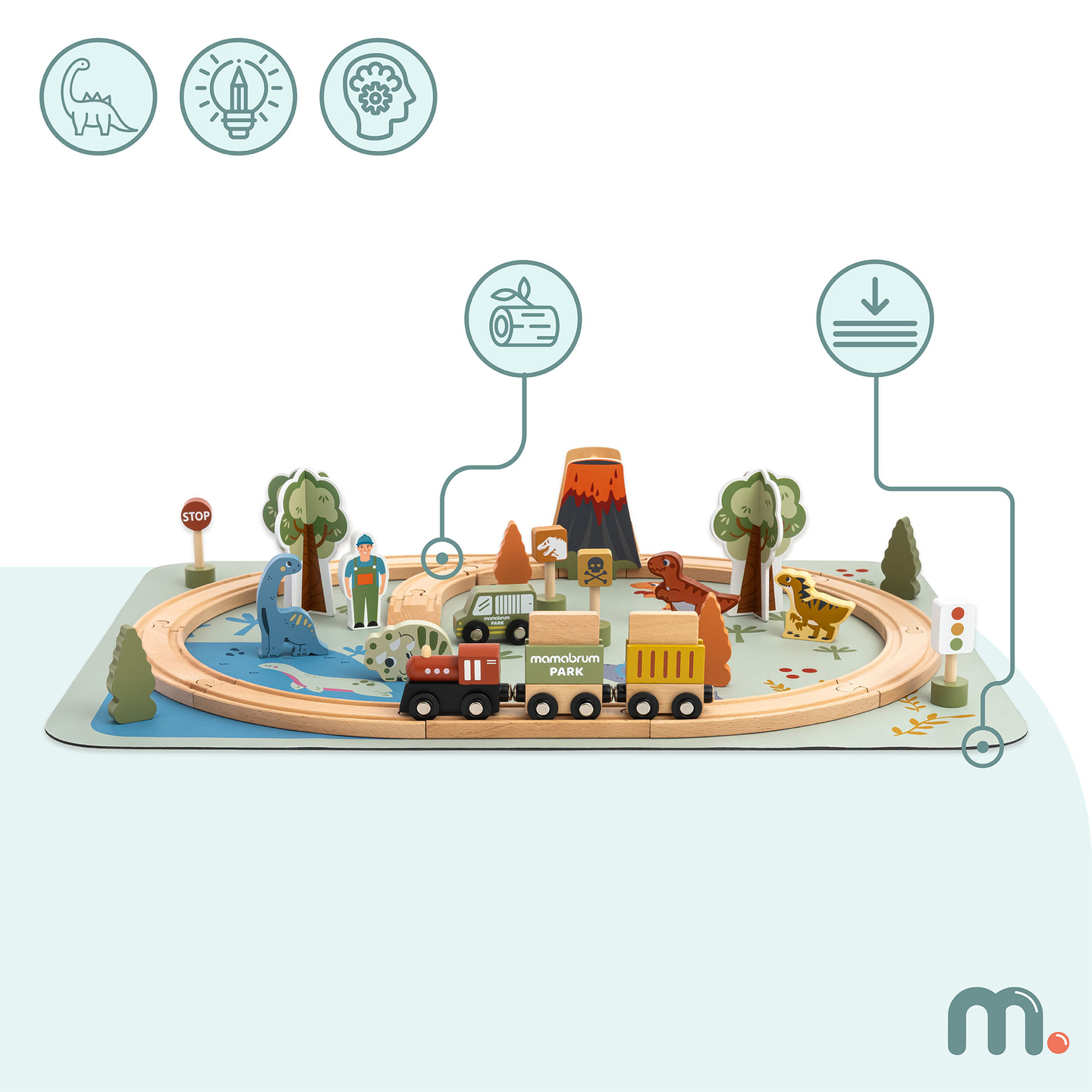 Trem de madeira Dino Park com tapete antiderrapante - dinossauros, trem, trilhos, vulcão, sino
