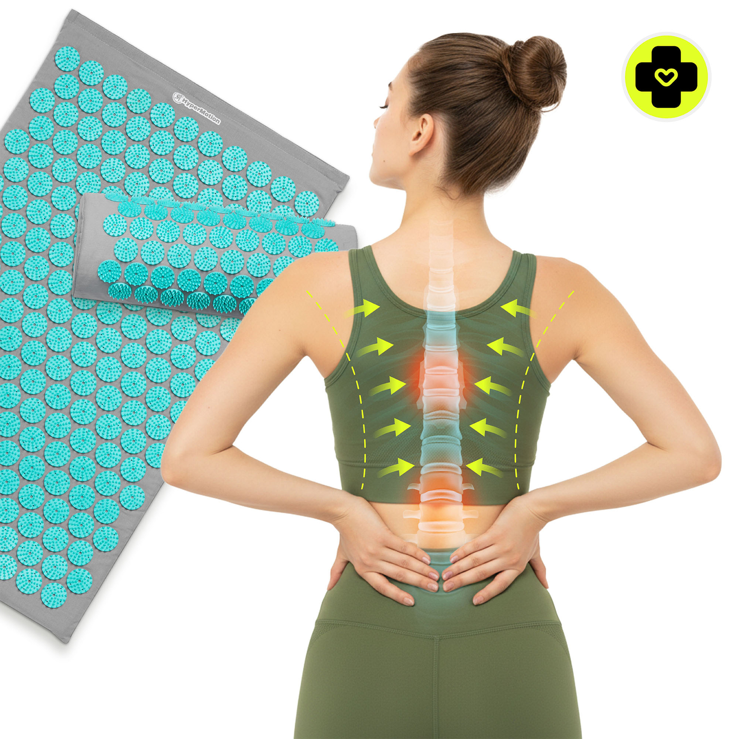 Tapete de acupressão com almofada e capa - 72 cm HyperMotion cinza-menta