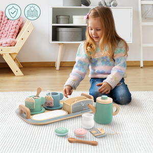 Conjunto de chá grande em madeira com tabuleiro - 18 artigos