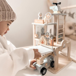 Quartel de bombeiros de madeira com acessórios, quartel de bombeiros