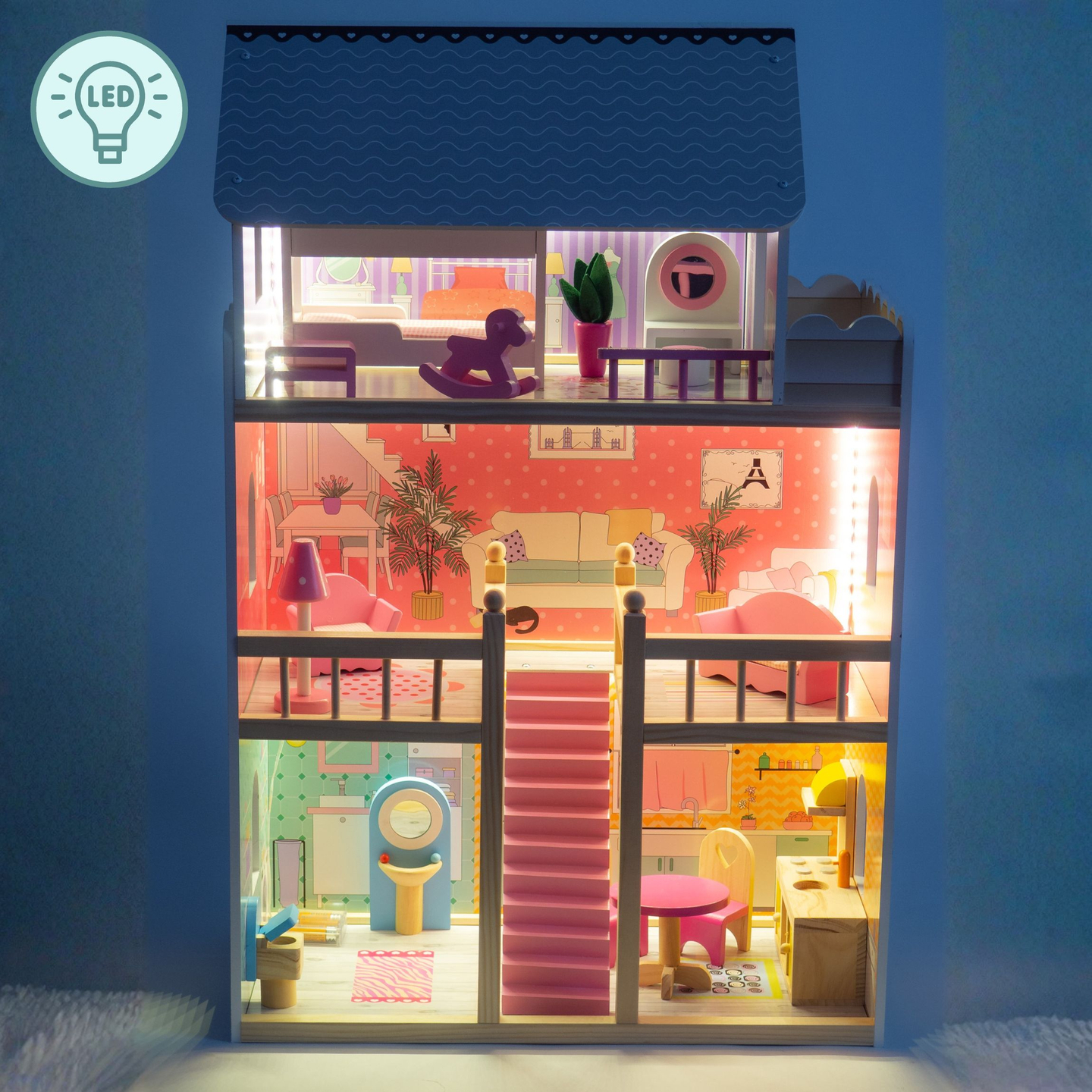 Grande casa de bonecas de madeira de 3 andares com terraço, conjunto de móveis e iluminação LED!