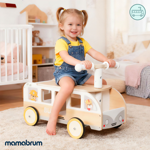 Ônibus de madeira infantil para passeio - Ônibus com compartimentos de armazenamento e espaço para bichinhos de pelúcia.