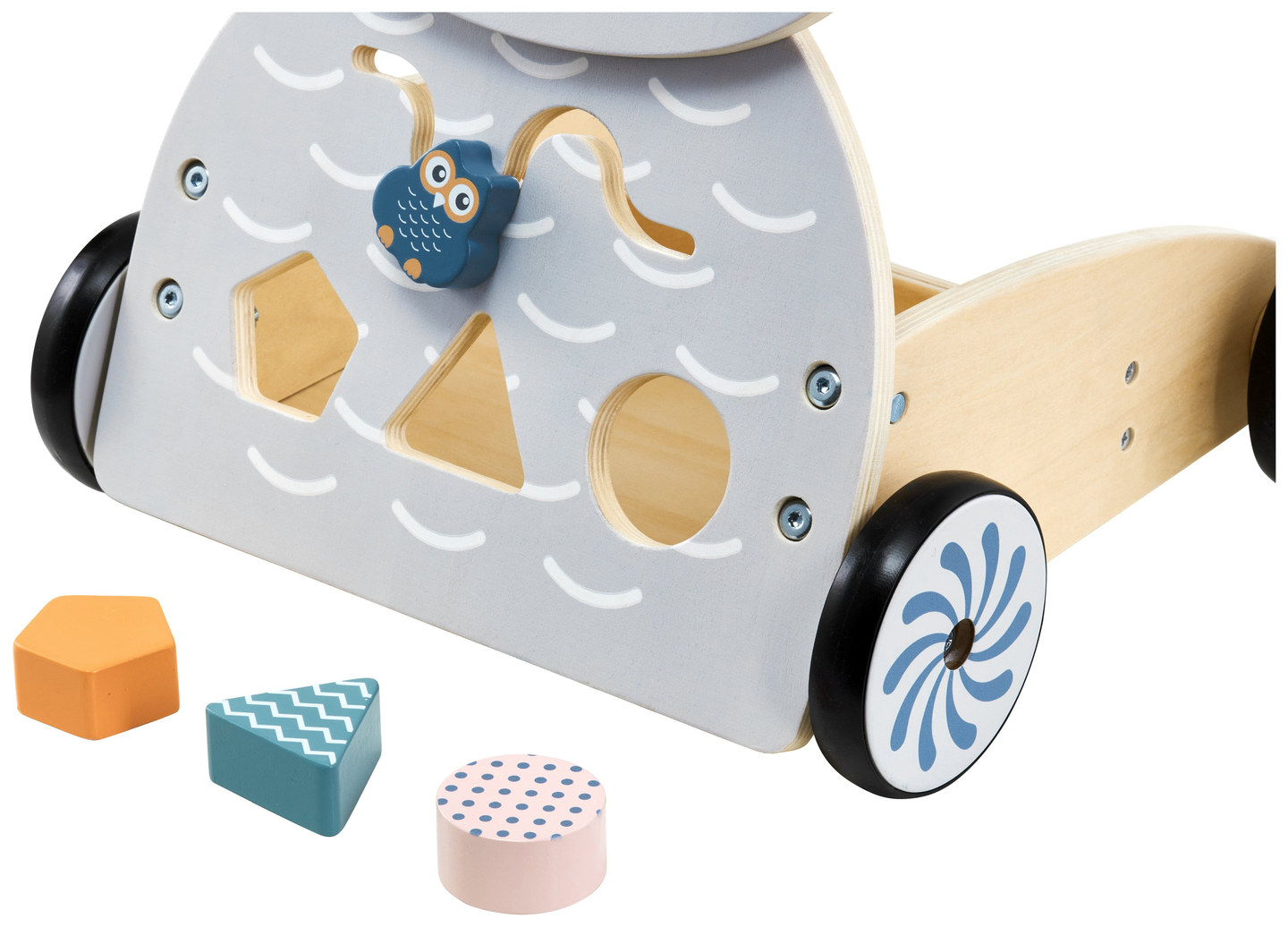 Andador multifuncional de madeira - empurrador - carrinho com blocos - Coruja